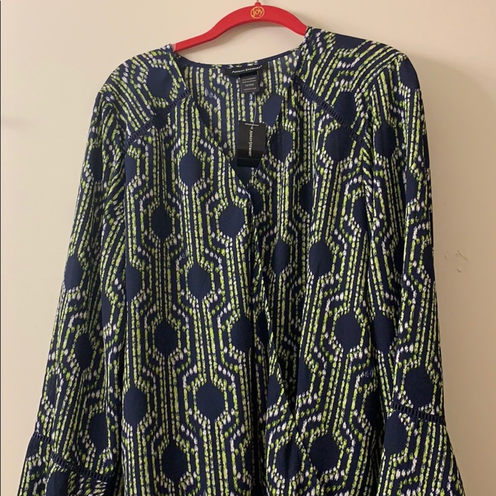 Ashley Stewart blouse green white and blue